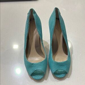 Calvin Klein Women's Peep Toe Snake Pumps - Teal